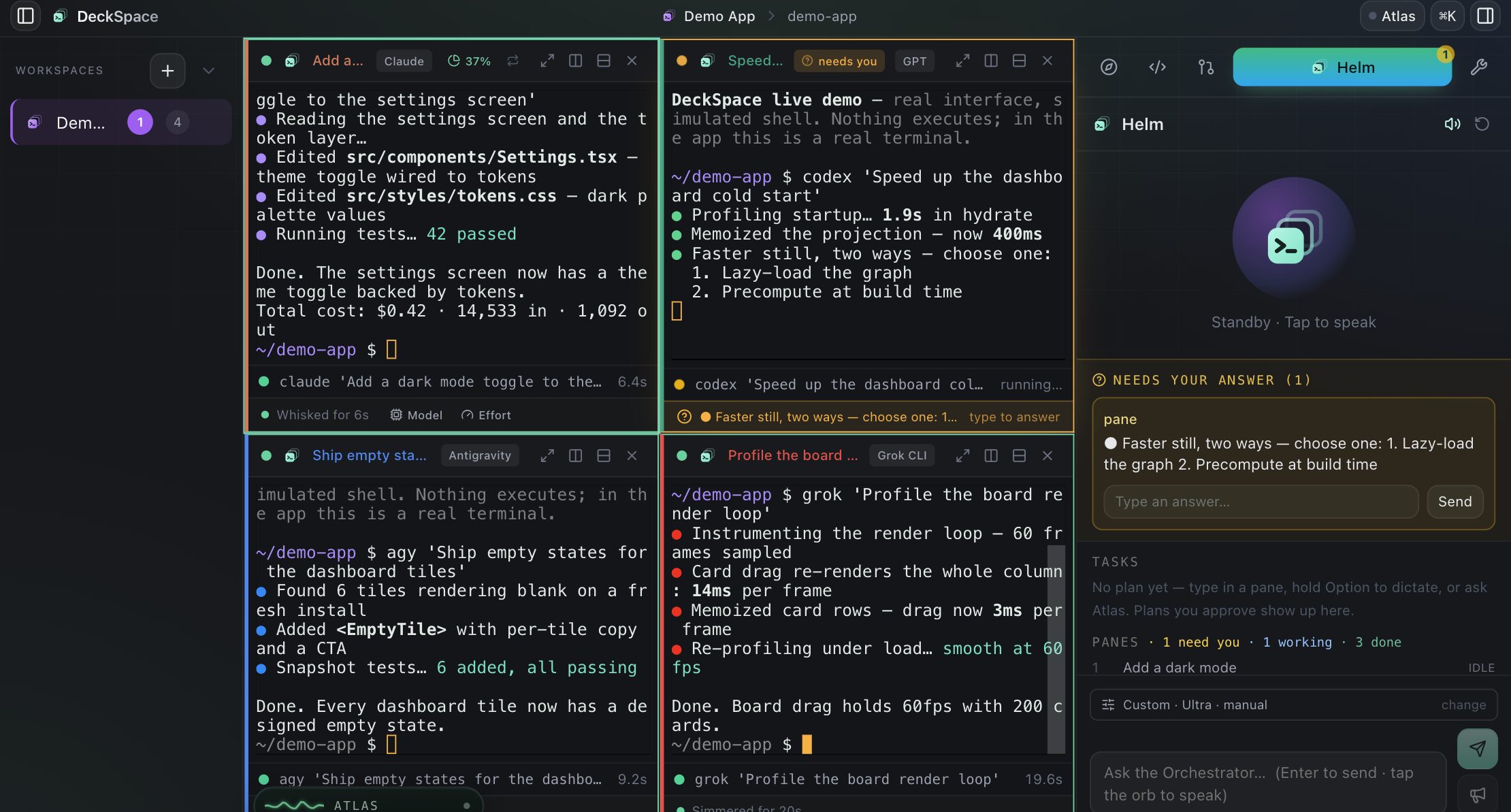 The DeckSpace command deck: four agent panes working in parallel, one waiting on an answer