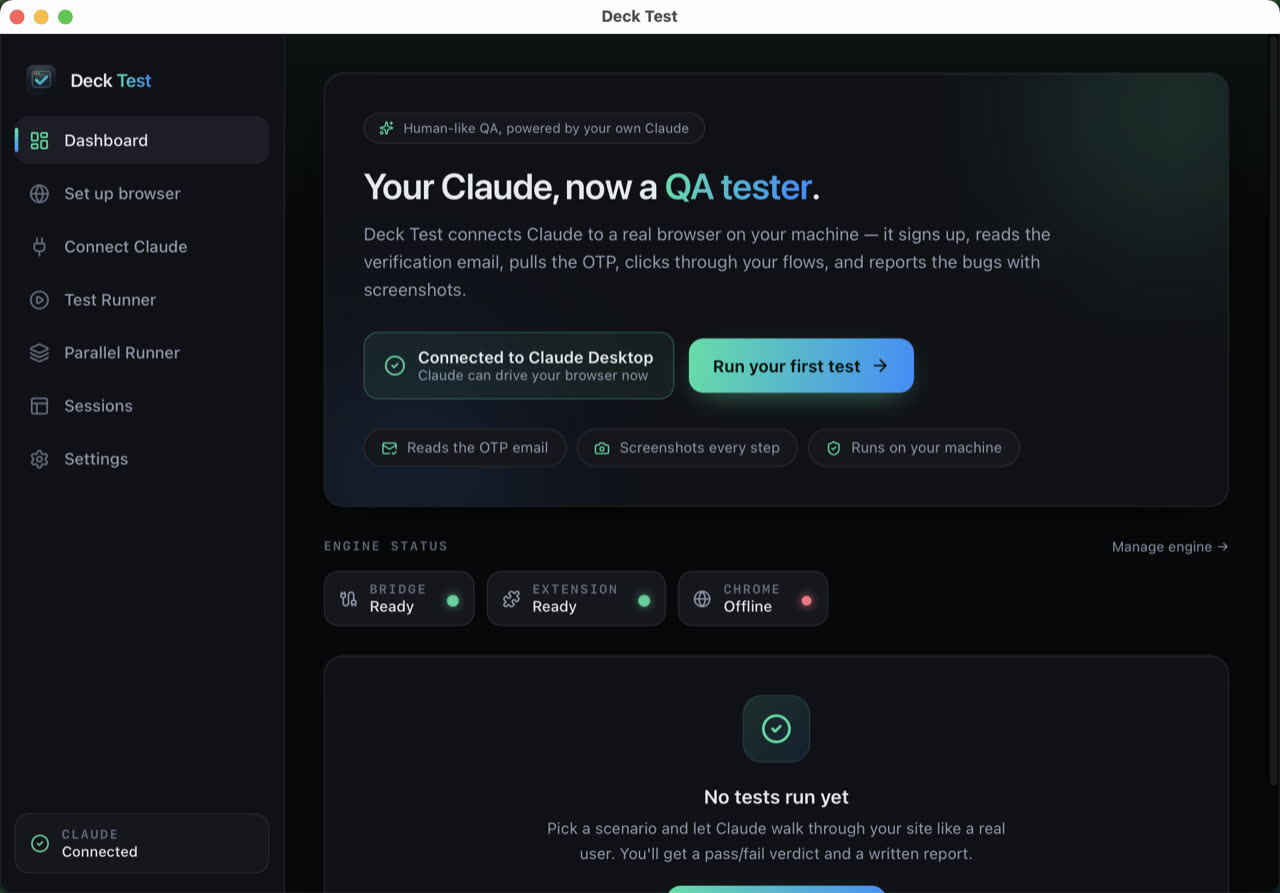 Deck Test running on macOS — the dashboard, with the browser engine and Claude Desktop both connected.
